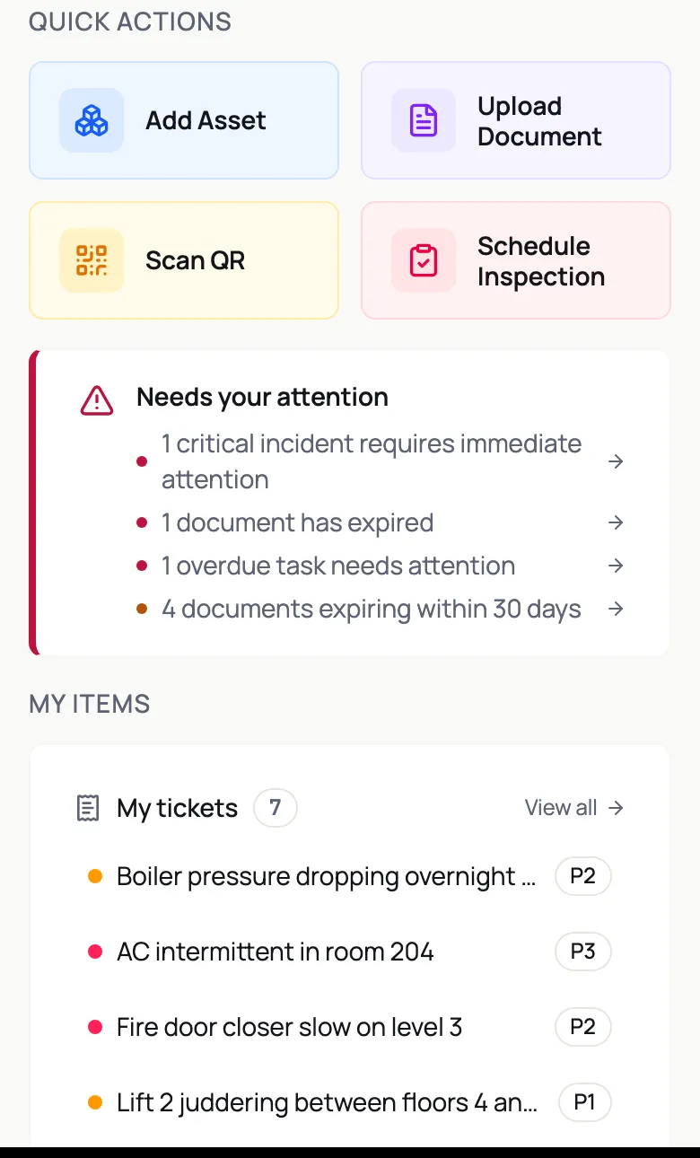 The PropSec dashboard on a phone, with quick actions and items needing attention