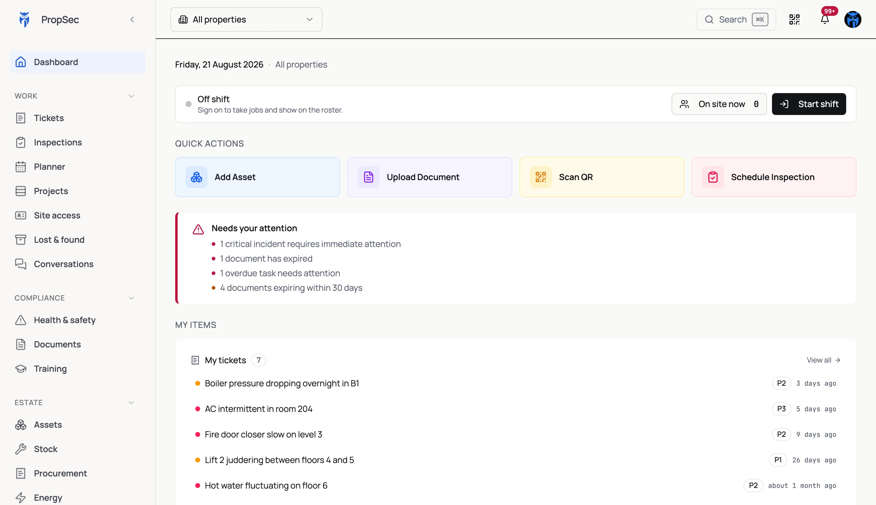 The PropSec dashboard across a four-hotel estate: what needs attention today, the open tickets and the jobs assigned to you