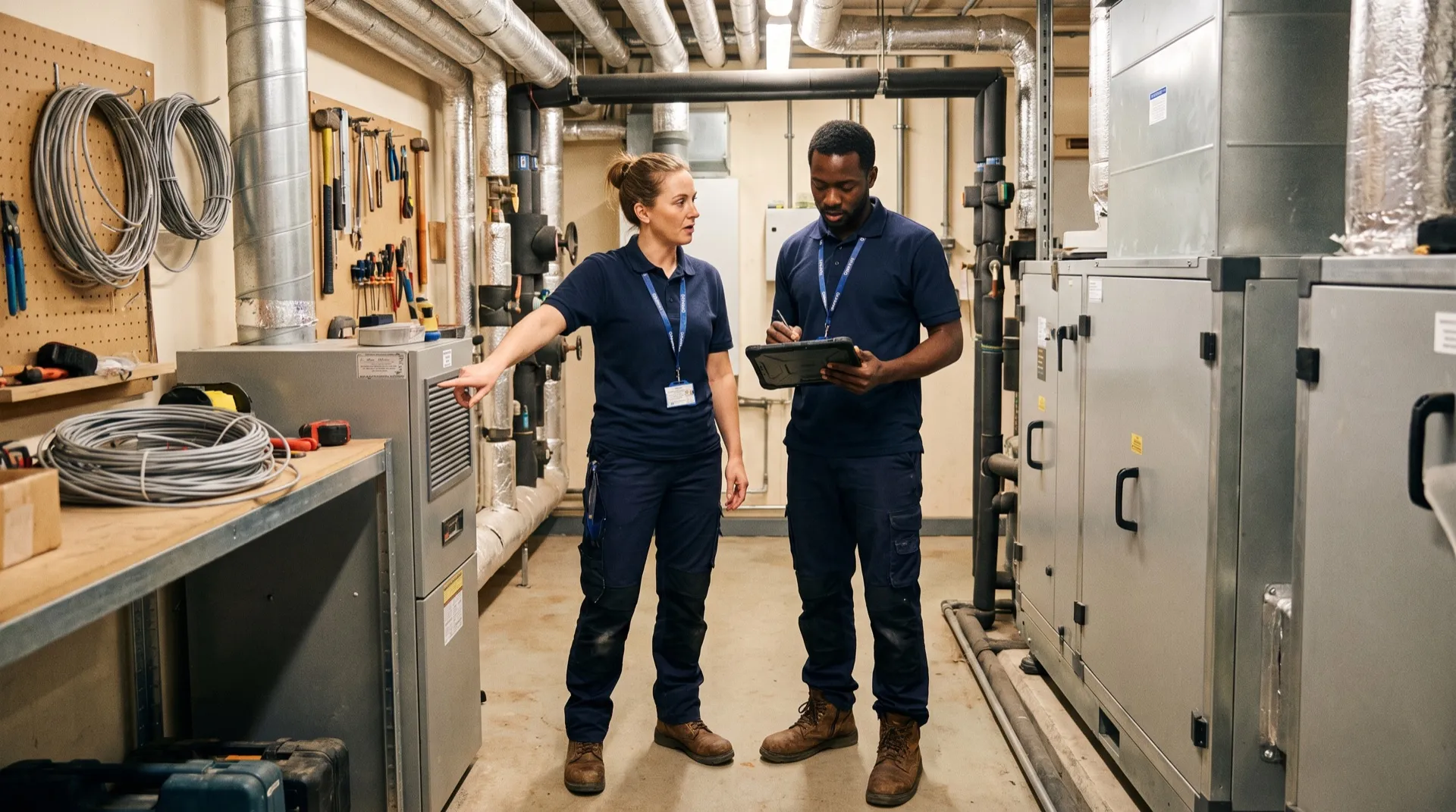 Two hotel maintenance engineers doing a shift handover in a plant room
