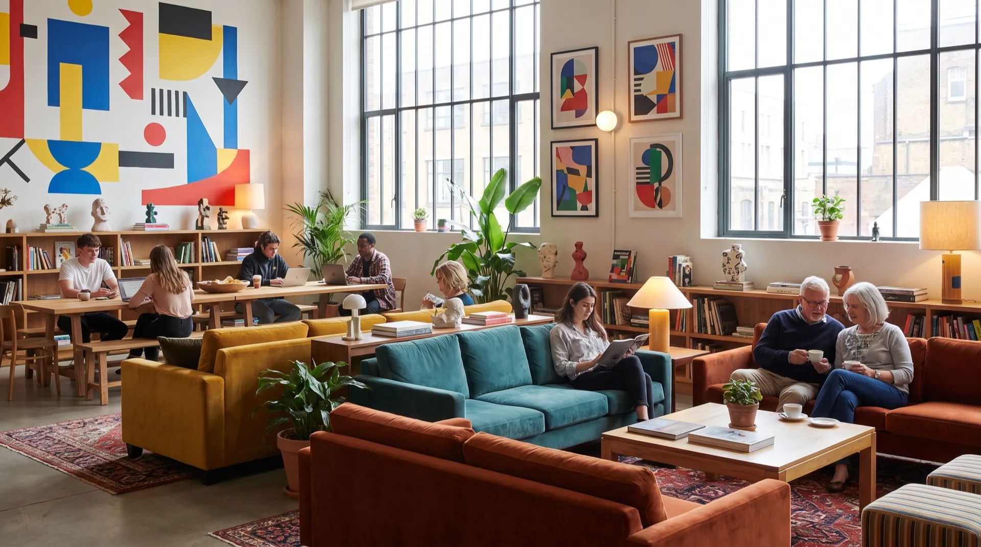 A vibrant, design-led hotel lounge with guests relaxing