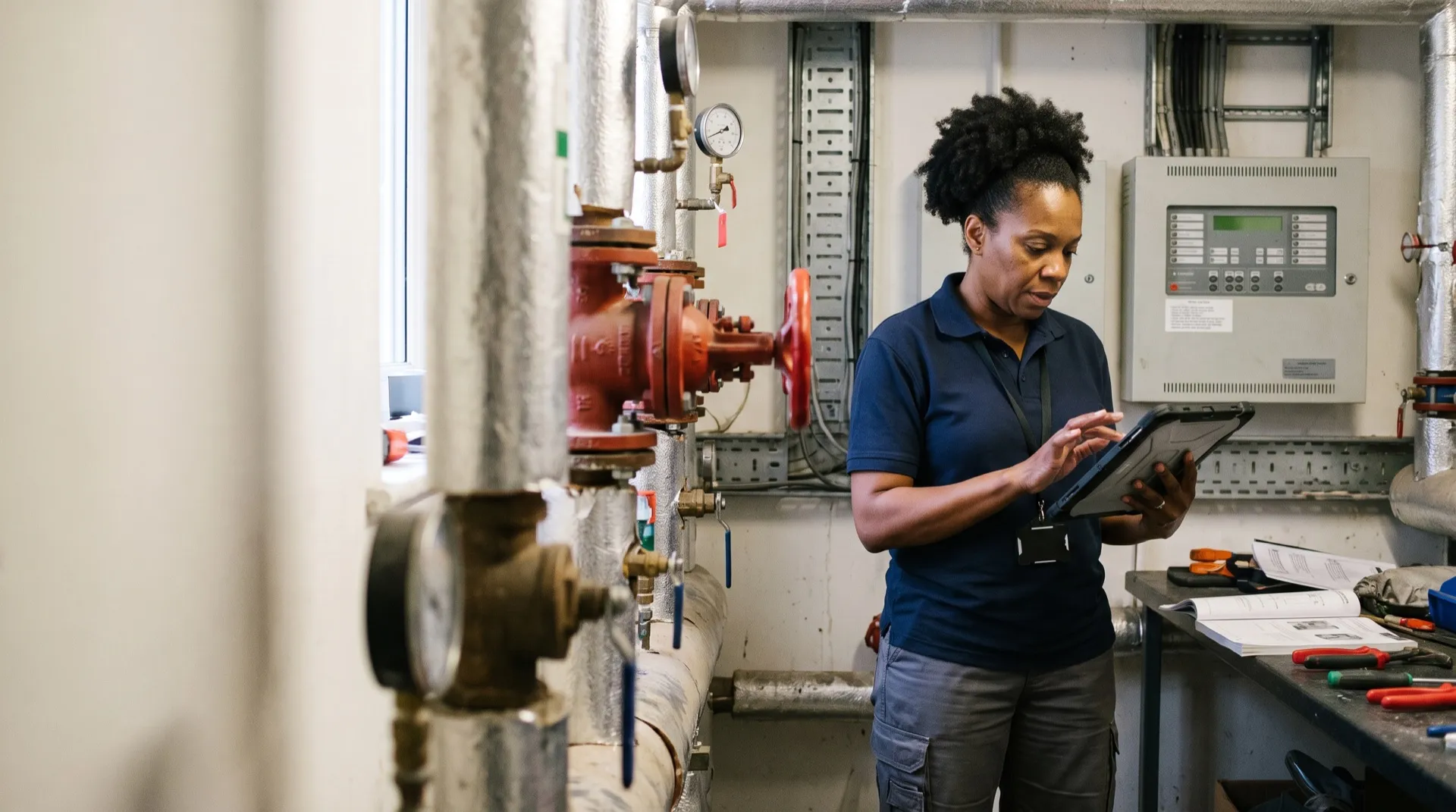 A facilities manager reviewing a maintenance checklist at a fire panel