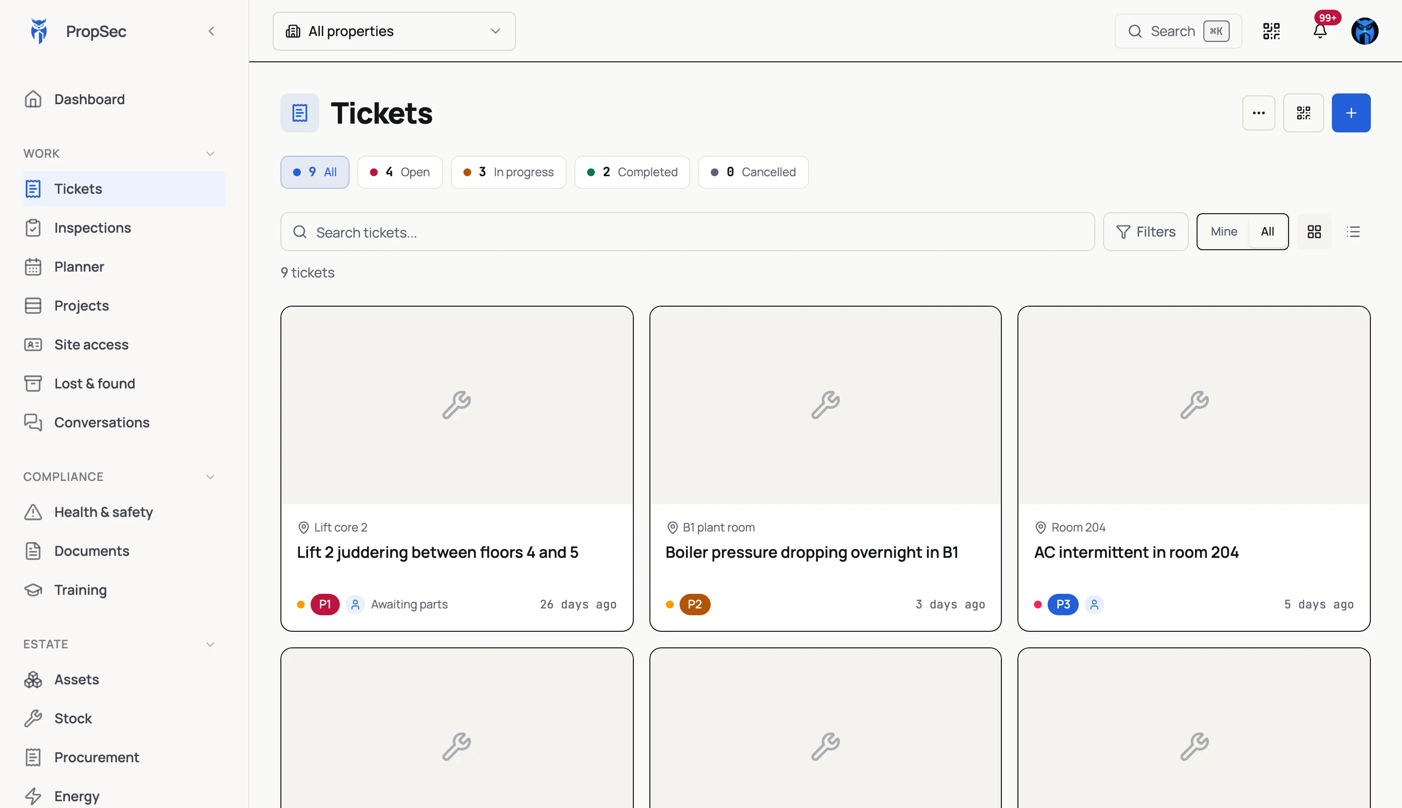 The PropSec ticket queue with priorities, assignees and SLA timers